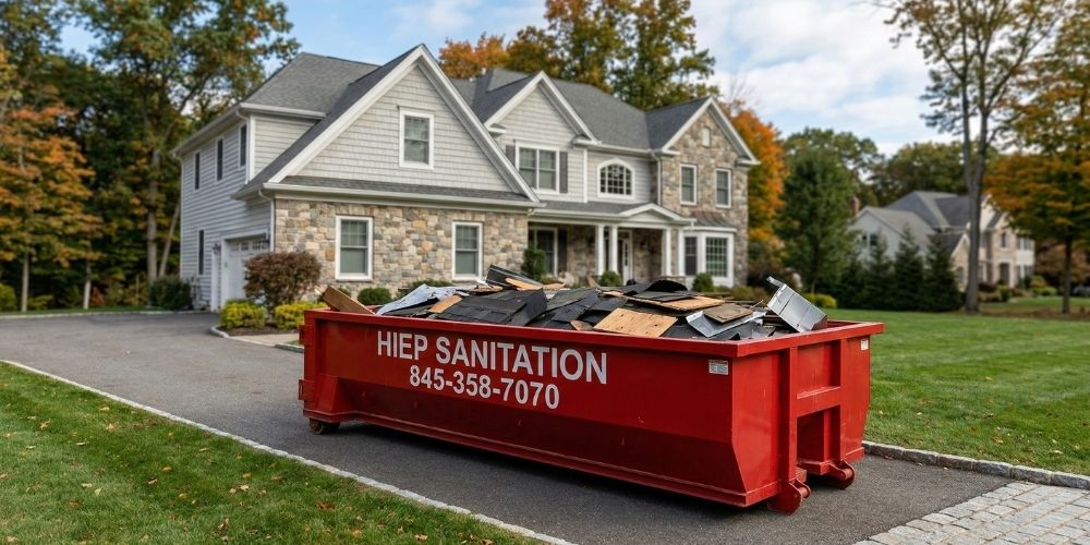 A Hiep Sanitation 20-yard roll-off dumpster placed precisely on a paved residential driveway of a traditional Westchester County, NY home, filled with varied roofing shingles, felt, and construction debris during an active tear-off project.