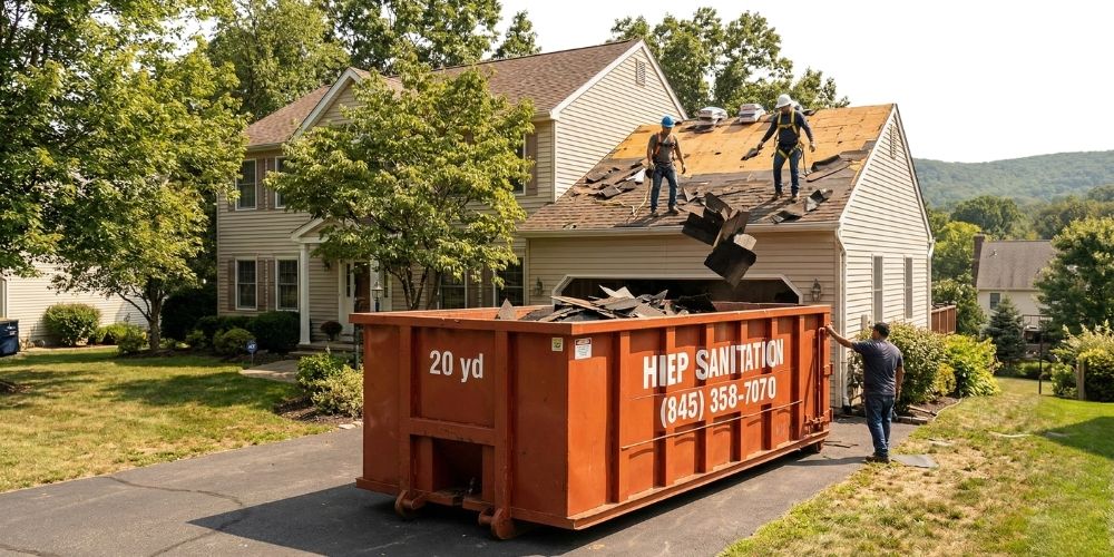 A vibrant orange Hiep Sanitation 20-yard roll-off dumpster receiving roofing shingles thrown from a house roof by workers during an active tear-off project in Rockland County, NY.