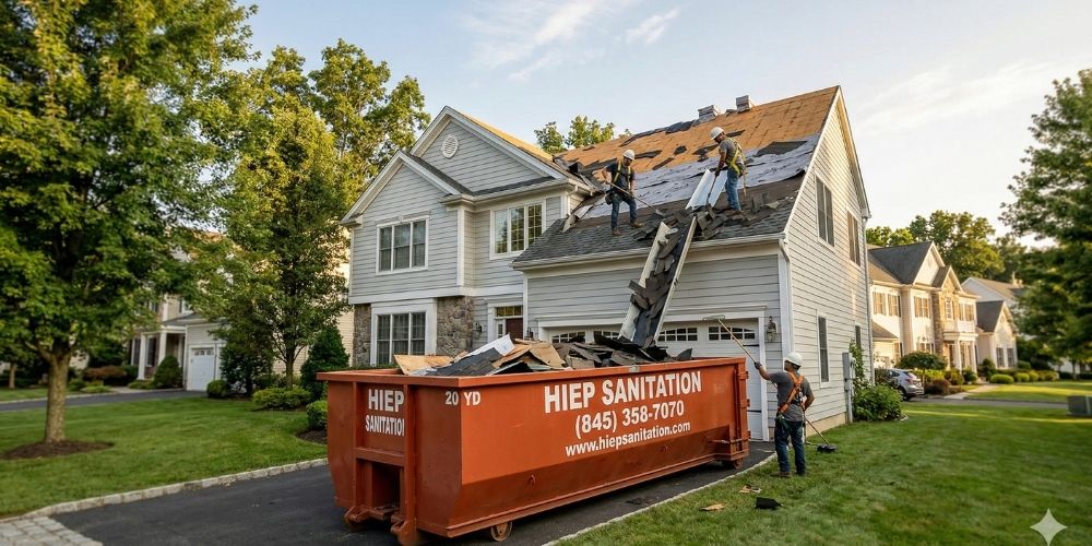 A Hiep Sanitation 20-yard roll-off dumpster positioned safely on a Bergen County, NJ driveway, filled with roofing shingles, underlayment, and construction debris during an active residential roof replacement project.
